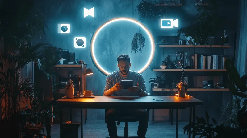 פינת עבודה ביתית מסודרת עם שולחן, מחשב ותאורה רכה